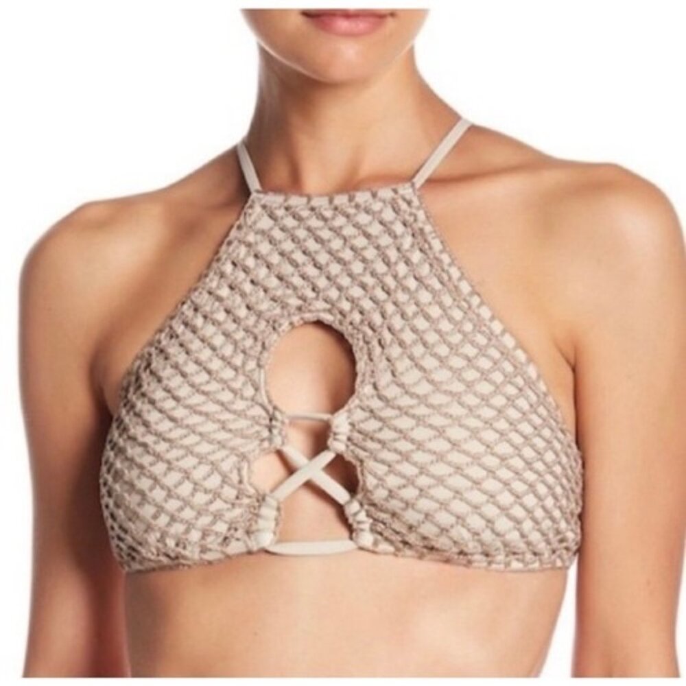 Lucky Brand Los Cabos Crochet Bikini Top size Medium Sand High Neck Halter M